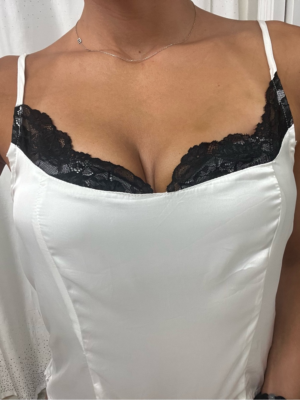 Silk-Feel White Chemise with Black Lace Trim